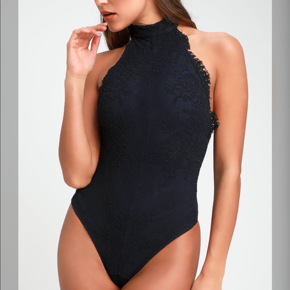 Black Lace Halter Bodysuit